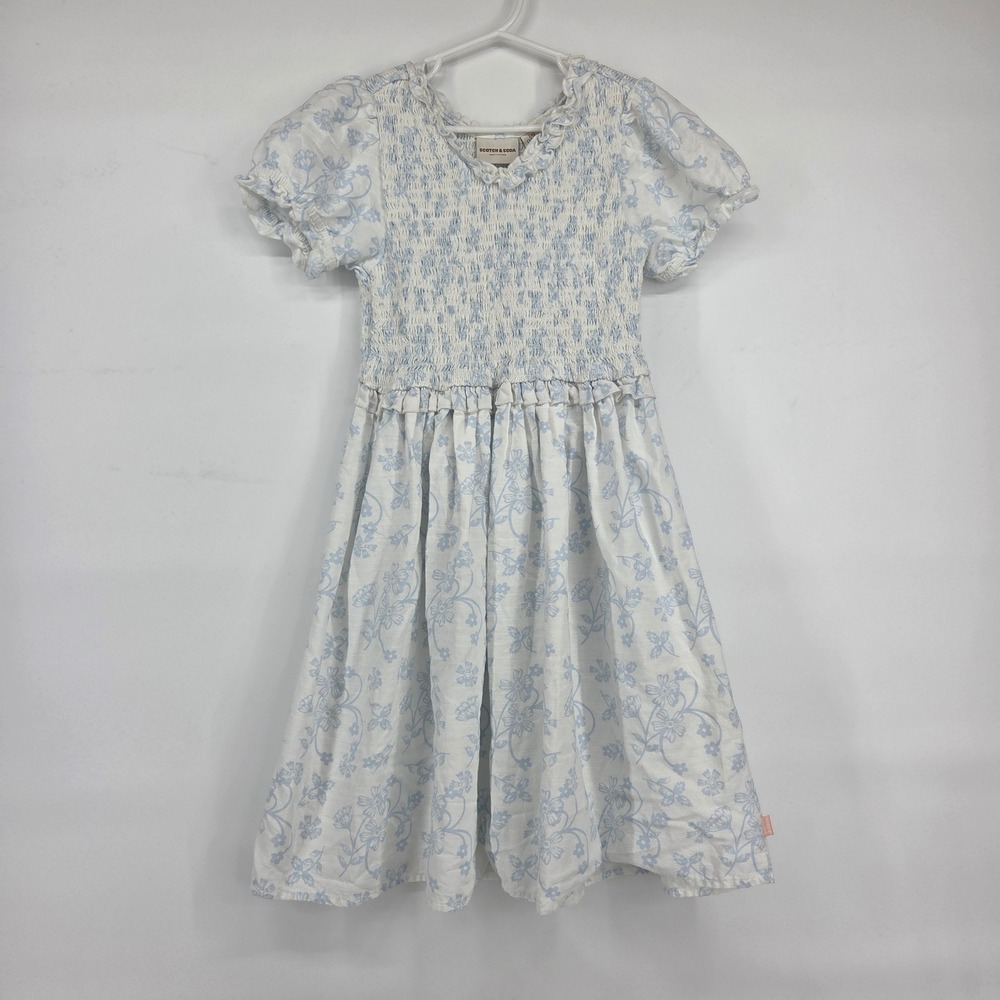 Scotch & Soda Dress Size 10/12 White Blue Floral Smocked Cottagecore Boho Kids